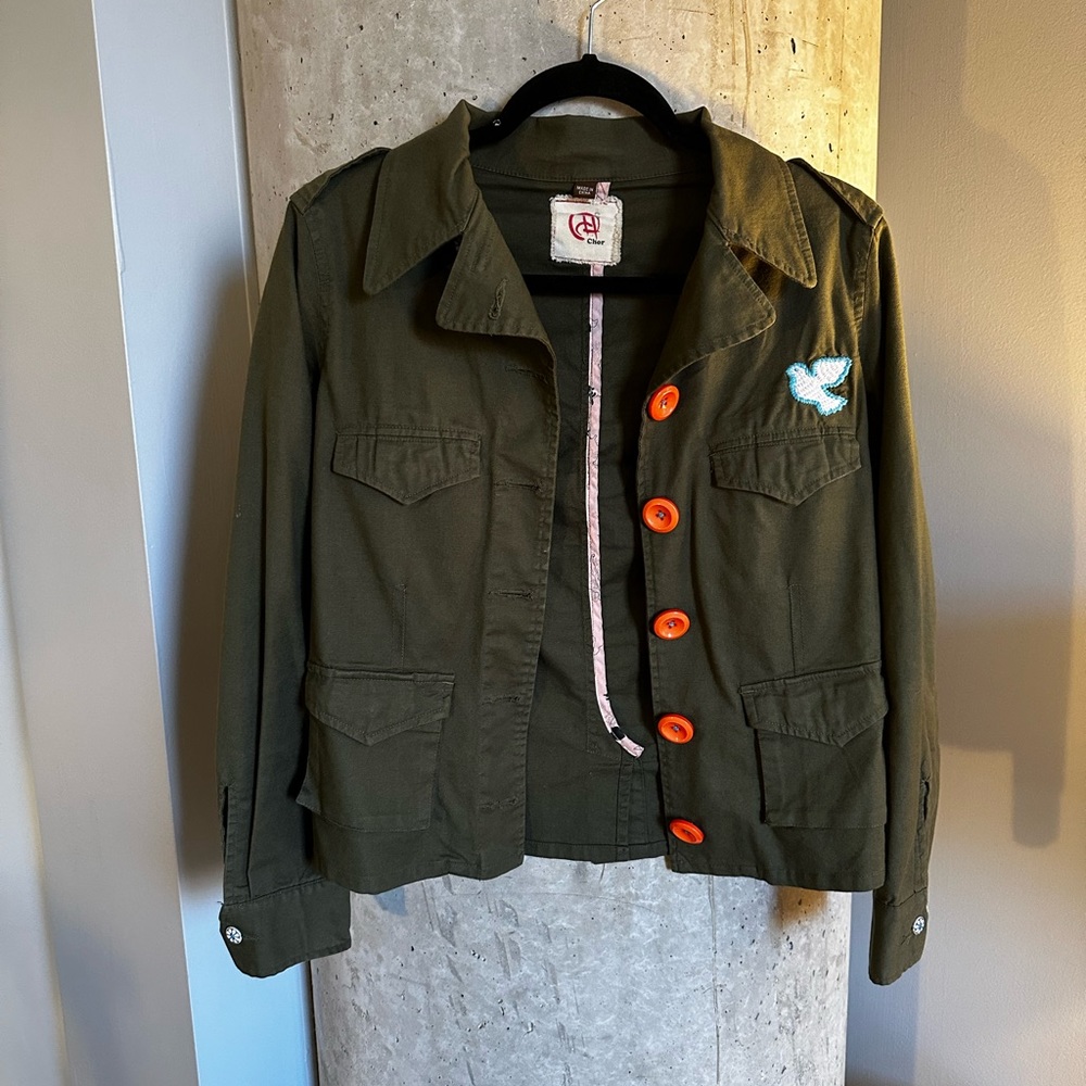 Army Jacket by Chor with Statement Orange Accent Buttons Small